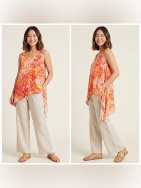 Tracy Reese Lab 100% Silk Watercolor Floral Asymmetrical Blouse Orange Pink Sz M